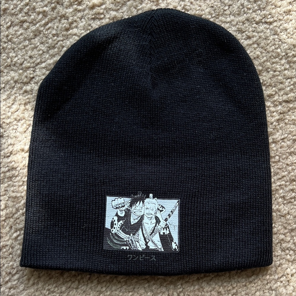 Black Beanie Hat Cap with Japanese Anime Graphic Luffy One Piece Comic Con